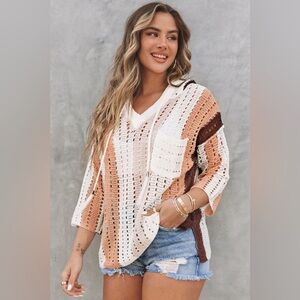 (Pol Sweater)boho beach white peach tan M oversized crocheted longer in back